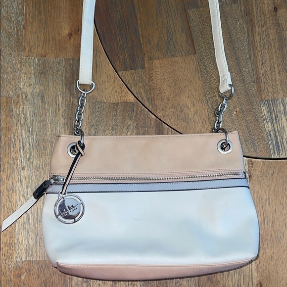 Nicole Miller New York Handbags - Nicole Miller New York Beige White Shoulder Bag Silver Chain Logo Charm